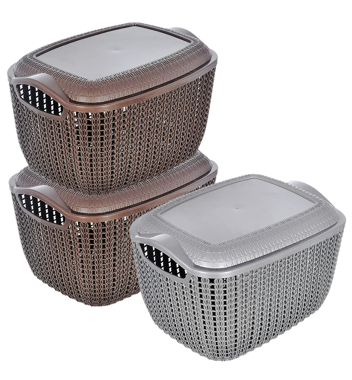 Heart Home Multiuses Large M 30 Plastic Basket/Organizer With Lid- Pack of 3 (Brown & Grey & Brown)