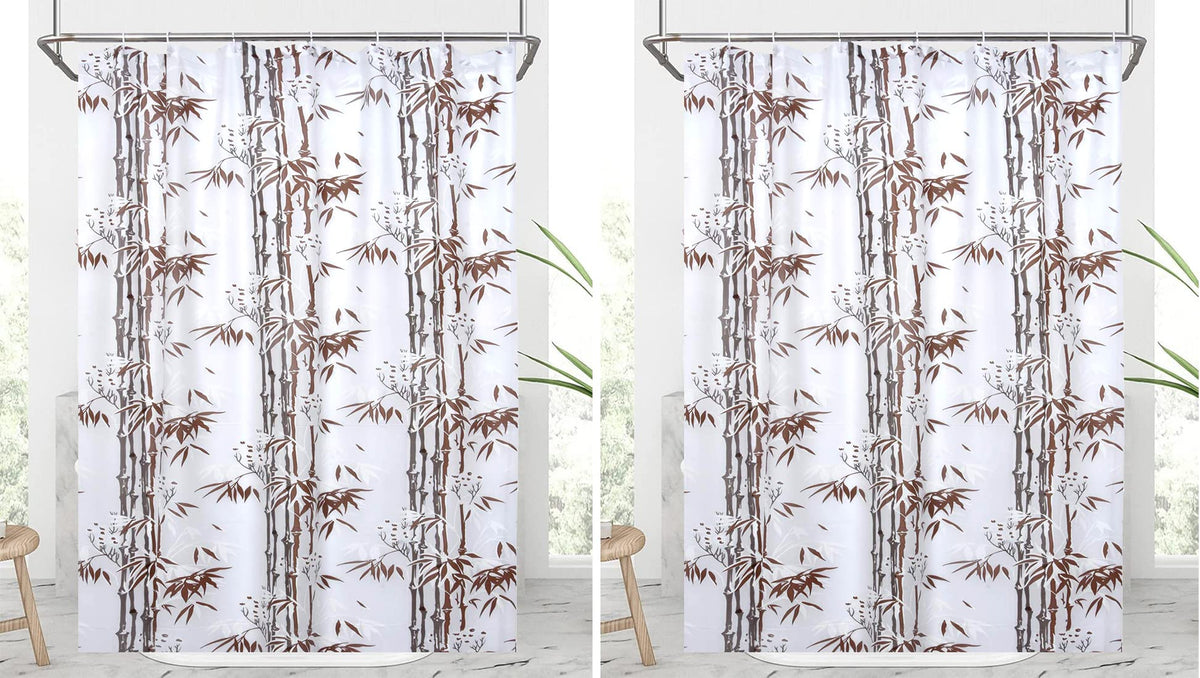 Heart Home Bamboo Printed PVC AC/Shower Curtain with Hooks,7 Feet- Pack of 2 (Brown)