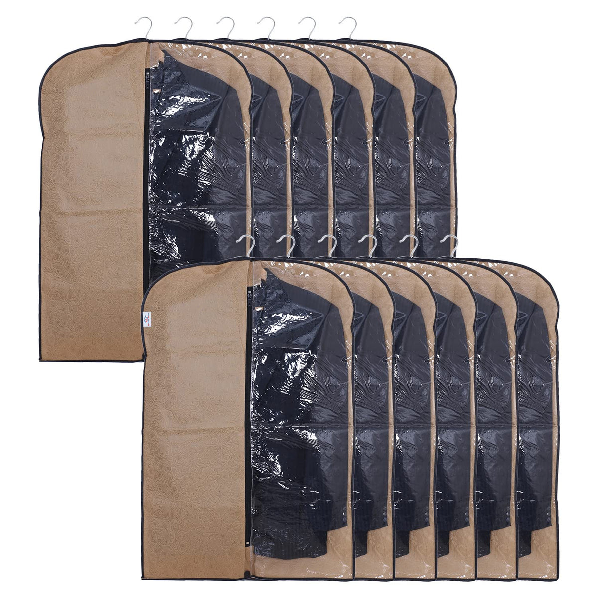 Heart Home Embossed Coat Cover|Non Woven Foldable Hanging Blazer Cover|Half Transparent Wardrobe Organizer Pack of 12 (Coffee)
