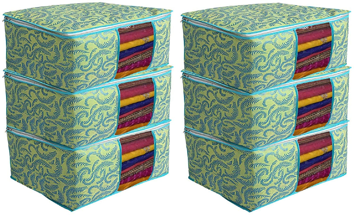 Kuber Industries Foldable saree covers with Zip|Non Woven Clothes Organiser for wardrobe |Leaf Print With Transparent Window|Suitable for Lehenga, Suit, Dress|Pack Of 6 (Green)