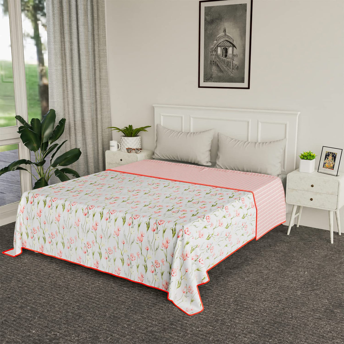 Kuber Industries Blanket | Cotton Double Bed Dohar | Blanket For Home | Reversible AC Blanket For Travelling | Blanket For Summer | Blanket For Winters | Red Flower | White