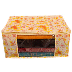 Fun Homes Flower Printed 4 Pieces Non Woven Fabric Saree Cover/Clothes Organiser for Wardrobe Set with Transparent Window, Extra Large (Ivory & Red)