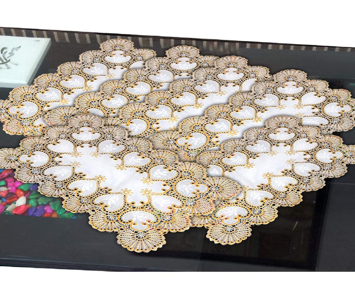 Kuber Industries Floral Design Virgin Viny Soft Microfibre Dining Table Placemat Set, Pack of 6, Gold, Polyester