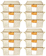 Kuber Industries Metalic Checkered Print Foldable Clothes Storage Bag Wardrobe Organizer Non Woven Fabric for Comforters,Blankets,Bedding with Sturdy Zipper,Clear Window (Set of 12,Ivory)-KUBMART16596
