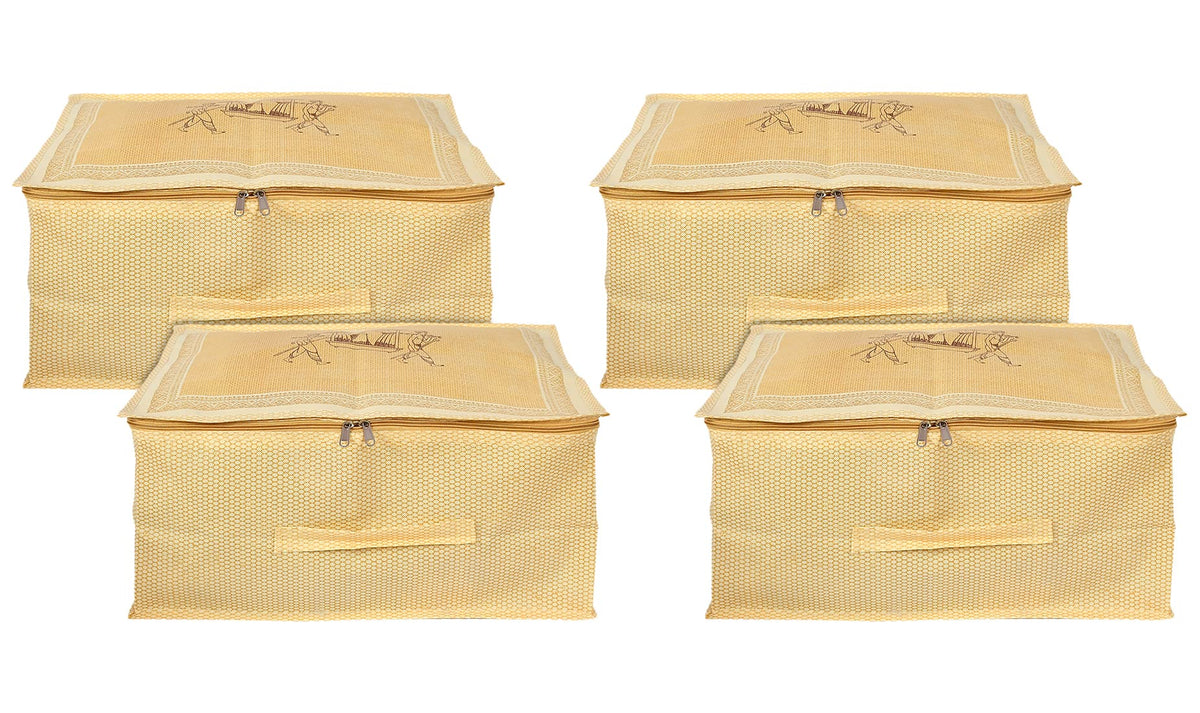 Heart Home Doli Printed Non-woven Foldable Underbed/Storage Bag/Wardrobe Organizer With Transparent Window- Pack of 4 (Gold)-50HH01813