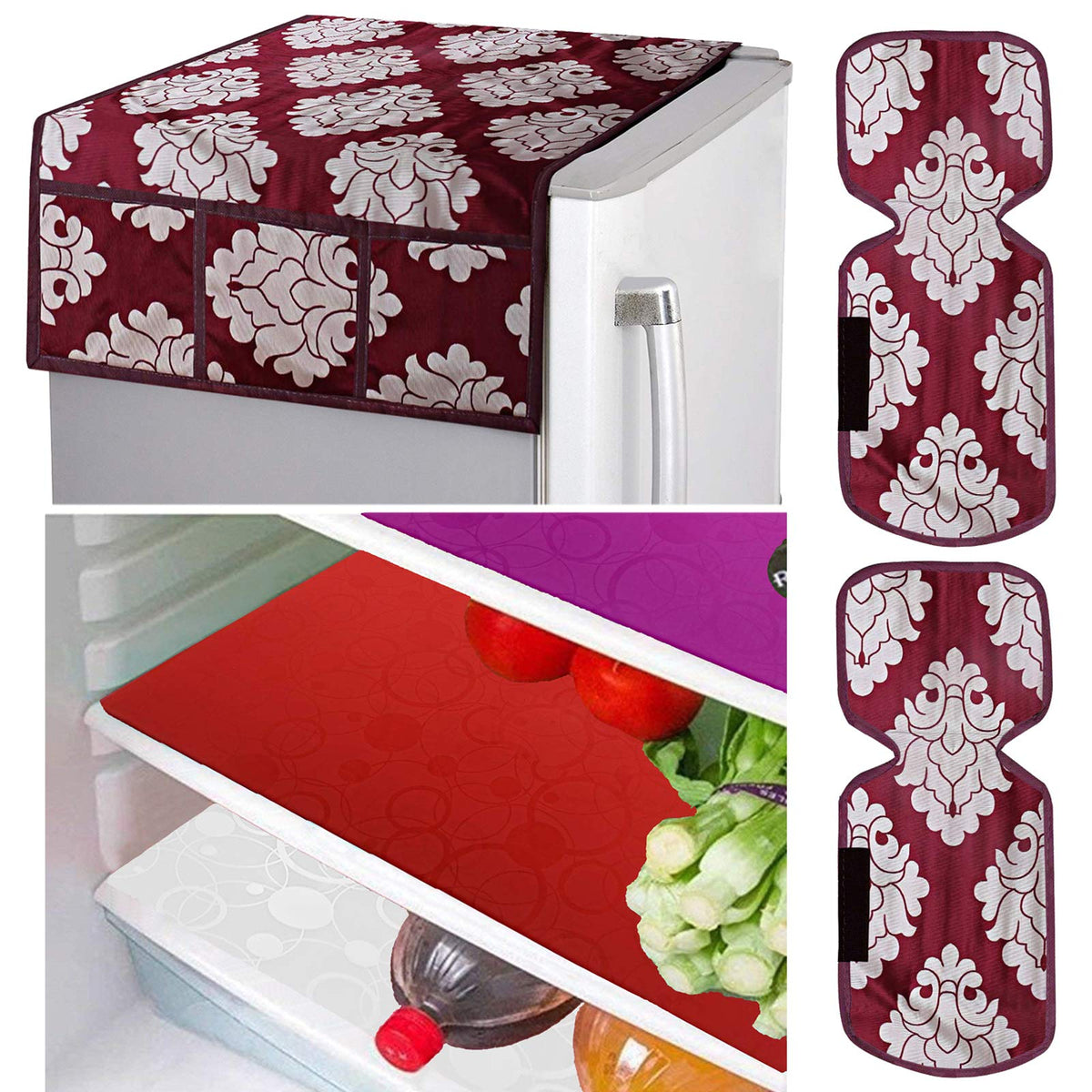 Kuber Industries Flower Design Combo PVC 3 Pieces Fridge Mats, 2 Piece Handle Cover and 1 Piece Fridge Top Cover(Maroon)