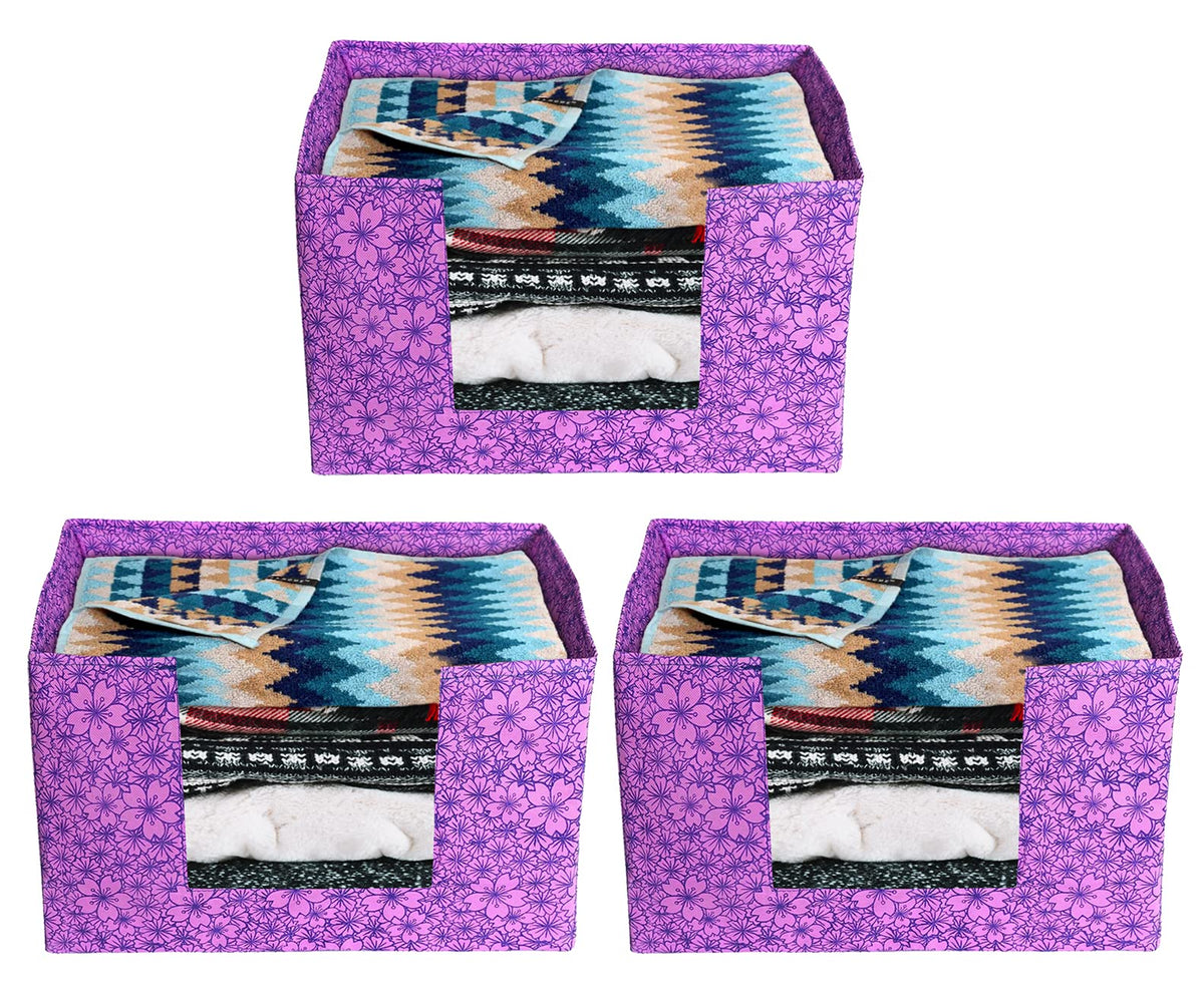 Kuber Industries Flower Printed Non-Woven Foldable Saree Stacker, Wardrobe Organizer, Storage Bin With Handle- Pack of 3 (Purple)-HS43KUBMART26384