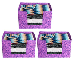 Kuber Industries Flower Printed Non-Woven Foldable Saree Stacker, Wardrobe Organizer, Storage Bin With Handle- Pack of 3 (Purple)-HS43KUBMART26384