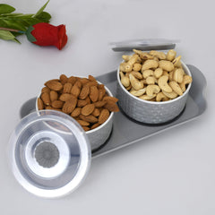 Kuber Industries Walnut Checkered Design Plastic Solitaire Serving Tray with 2 Multipurpose Snacks/Dry Fruit Air Tight Bowls with Lids (Set of 3, Grey)-KUBMART11087