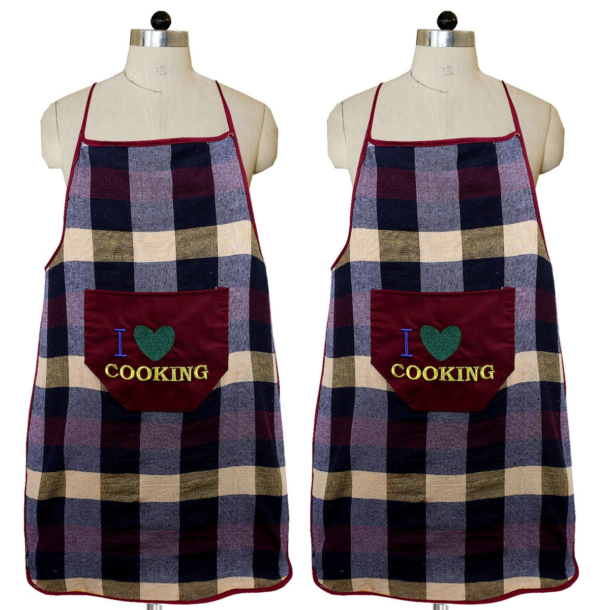 Kuber Industries Checkered Design Cotton Waterproof Kitchen Apron with Front Pocket (Maroon) - CTKTC40373