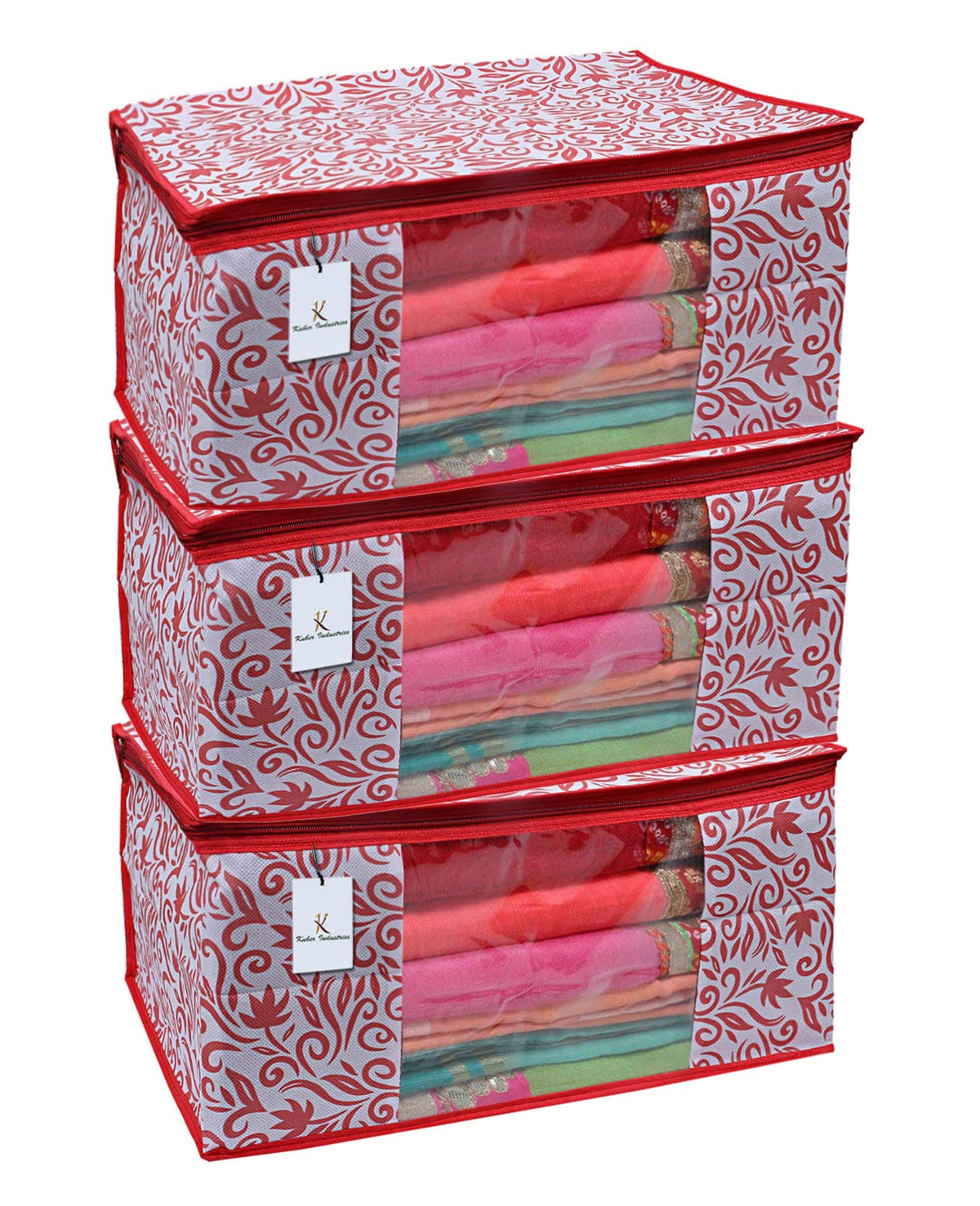 Kuber Industries 3 Piece Non Woven Saree Cover Set, Red,Large Size -CTKTC6392