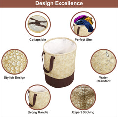 Homestic Canvas Waterproof Round Laundry Basket For clothes|Foldable Toy Storage Organizer|Reinforced Handle With Sturdy Base|BROWN|