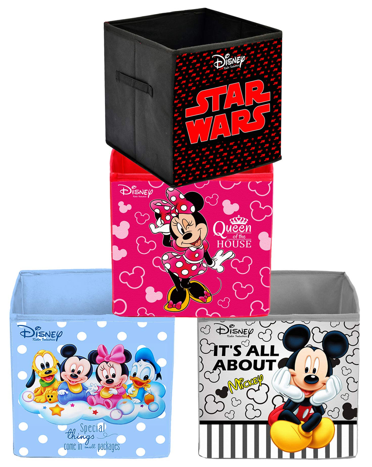 Kuber Industries Disney Mickey Print Non Woven 4 Pieces Fabric Foldable Storage Cube For Toy,Books,Shoes Storage Box With Handle,Extra Large (Grey & Maroon & Royal Blue & Pink)-KUBMART16232
