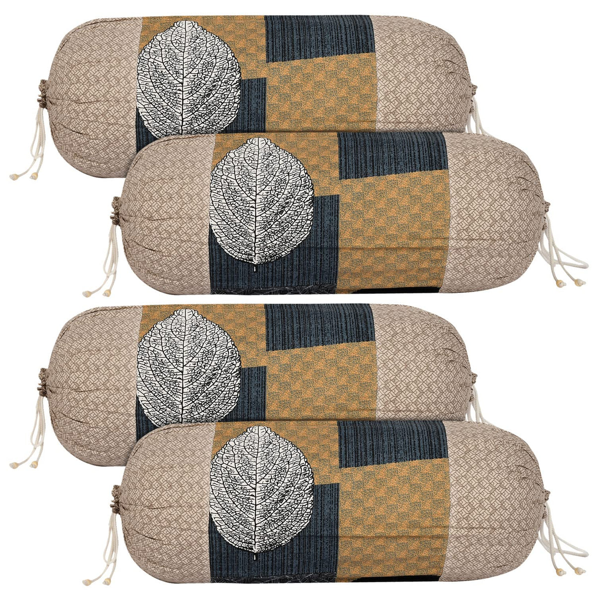 Kuber Industries Leaf Print Soft & Luxurious Decorative Cotton Bolster Cover (Pack of 4, Cream)