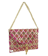 Kuber Industries Silk Traditional Mirror Work Envelope Clutch/Hand Purse Bag for Women/Girls (Pink)-KUBMART11439, Standard