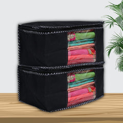 Homestic Set of 2 Foldable Non Woven saree covers with Zip|Saree & Clothes Organiser for wardrobe |Transparent Window With Premium Zipper|Suitable for Lehenga, Suit, Dress (Black)