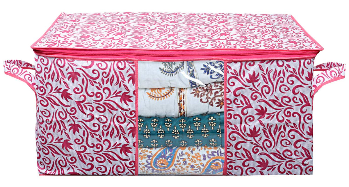 Kuber Industries Leaf Design Non Woven Underbed Storage Bag, Storage Organiser, Blanket Cover (Pink)-CTKTC021199