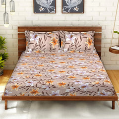 Kuber Industries Double Bedsheet|Glace Cotton Flower Print Bedsheet with 2 Pillow Covers for Living Room|Bedroom|90x108 Inch (Light Brown)
