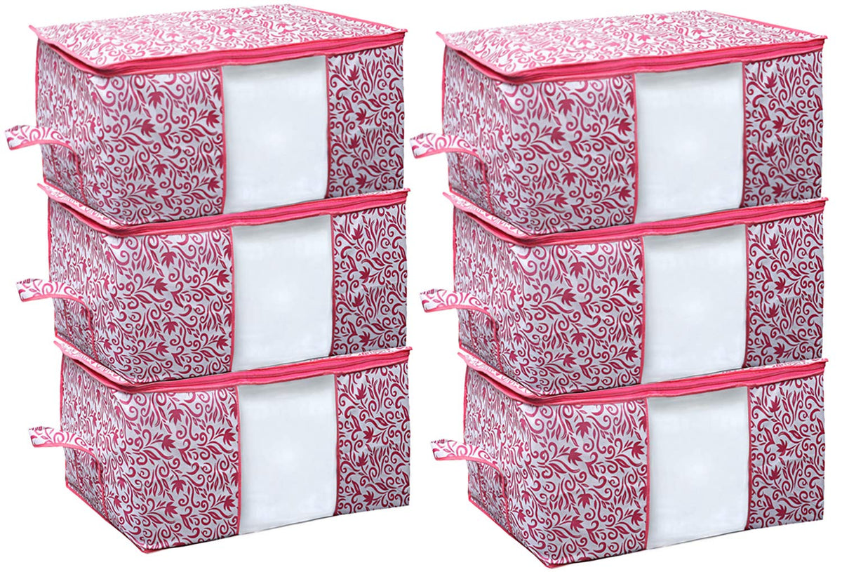 Kuber Industries Leaf Design Non-Woven Underbed Storage Bag, Organiser, Blanket Cover (CTKTC021210, Pink), 6 Pieces