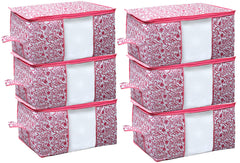 Kuber Industries Leaf Design Non-Woven Underbed Storage Bag, Organiser, Blanket Cover (CTKTC021210, Pink), 6 Pieces
