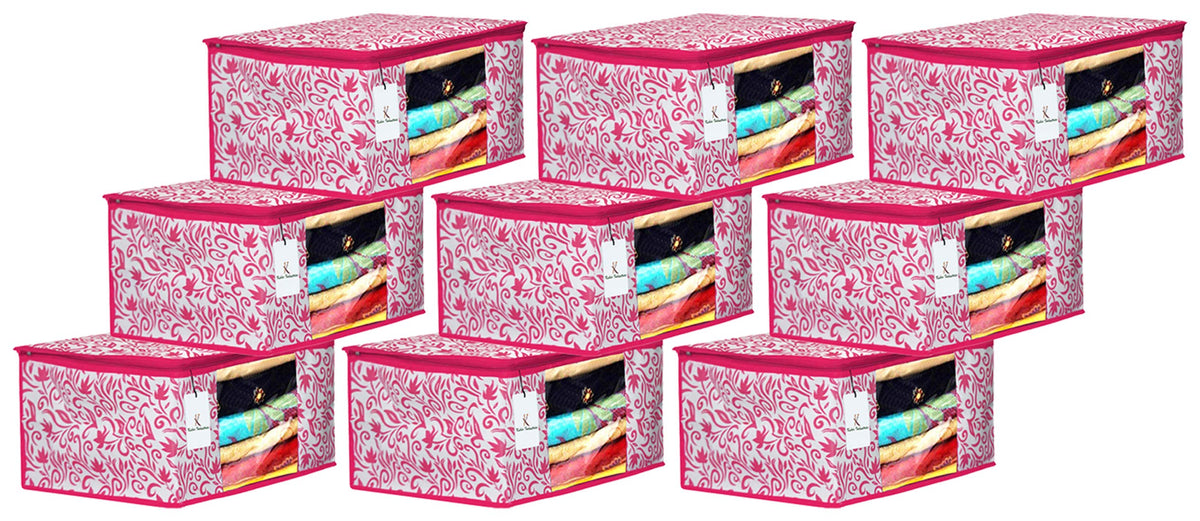 Kuber Industries Leaf Design 9 Piece Non Woven Fabric Saree Cover Set with Transparent Window, Extra Large, Pink-CTKTC031914