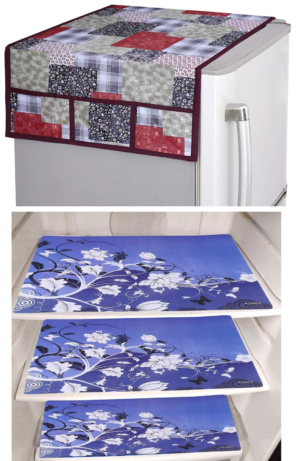 Kuber Industries Flower Design 3 Pieces PVC Fridge Mats and 3D Checkered Design 1 Piece Fridge Top Cover (Maroon) - CTKTC039755