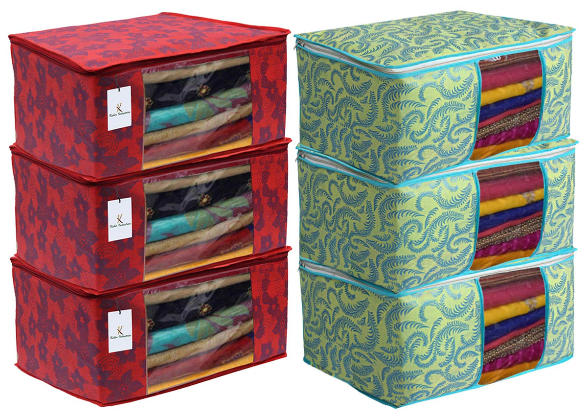 Heart Home Metalic Printed 6 Piece Non Woven Fabric Saree Cover Set with Transparent Window, Extra Large, Green & Red - CTHH22736