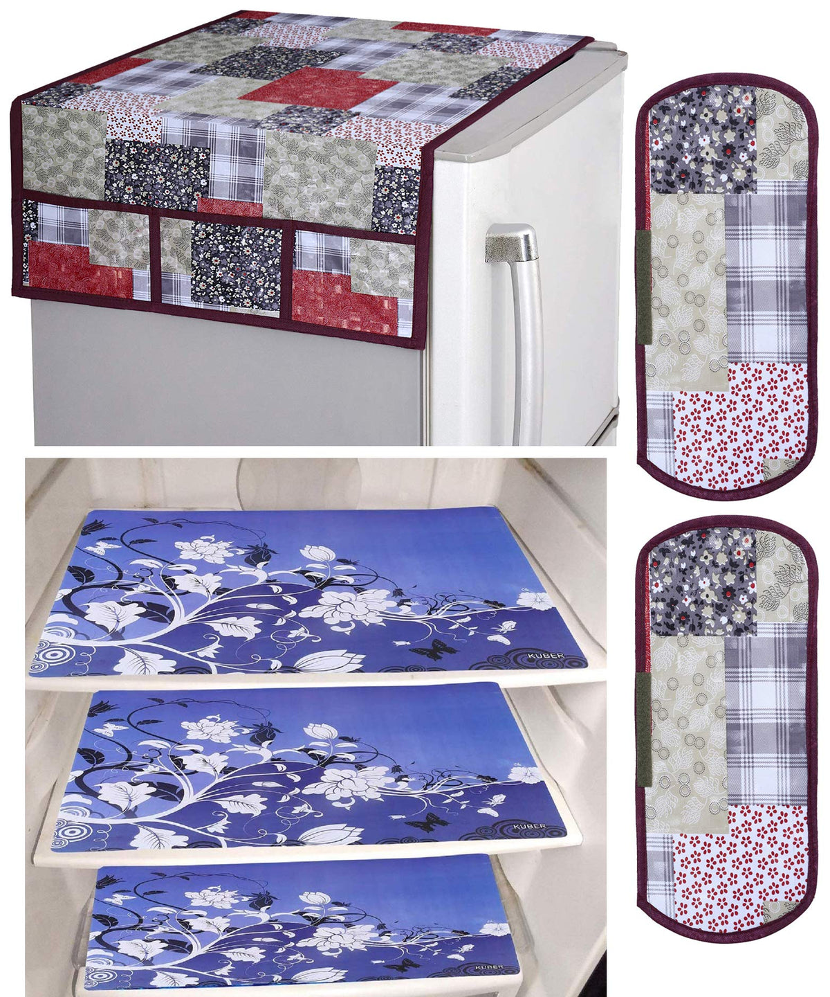 Kuber Industries Flower Design 3 Pieces PVC Fridge Mats, 2 Piece Handle Cover and 3D Checkered Design 1 Piece Fridge Top Cover (Maroon) - CTKTC039836