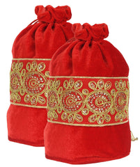 Kuber Industries Embroidered Design Drawstring Potli Bag Party Wedding Favor Gift Jewelry Bags-Pack of 2 (Red)