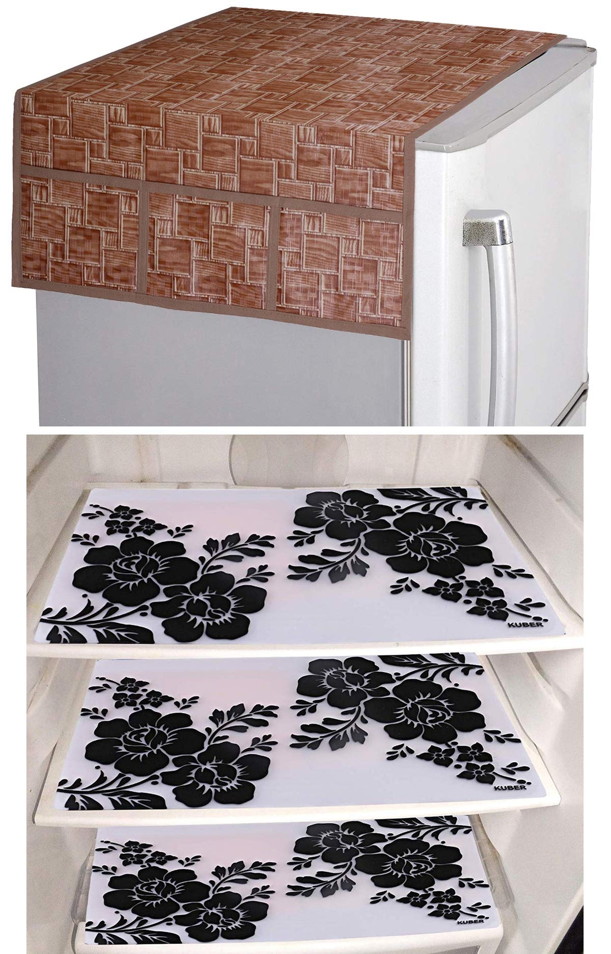 Kuber Industries Flower Design 3 Pieces PVC Fridge Mats and Wooden Checkered Design 1 Piece Fridge Top Cover (Brown) - CTKTC39793