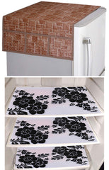 Kuber Industries Flower Design 3 Pieces PVC Fridge Mats and Wooden Checkered Design 1 Piece Fridge Top Cover (Brown) - CTKTC39793