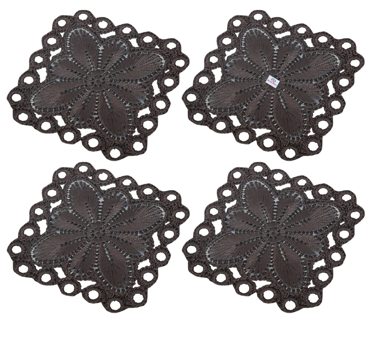 Heart Home Flower Design Handmade Square Cotton Coaster for Kinds of Mugs and Cups, Set of 4 (Brown)