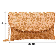 Kuber Industries Embroidery Golden Pearl Border Clutch|Hand Purse & Pearls Handle With Magnetic Lock For Woman,Girls (Peach)
