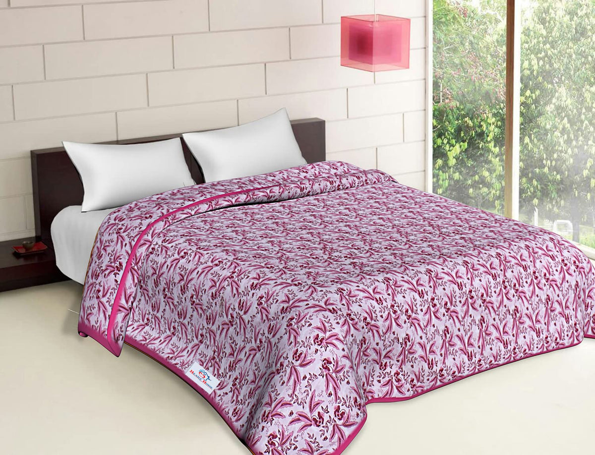 Heart Home Lightweight Tropical Plant Design Cotton Reversible Double Bed Dohar|AC Blanket for Home & Travelling (Pink)