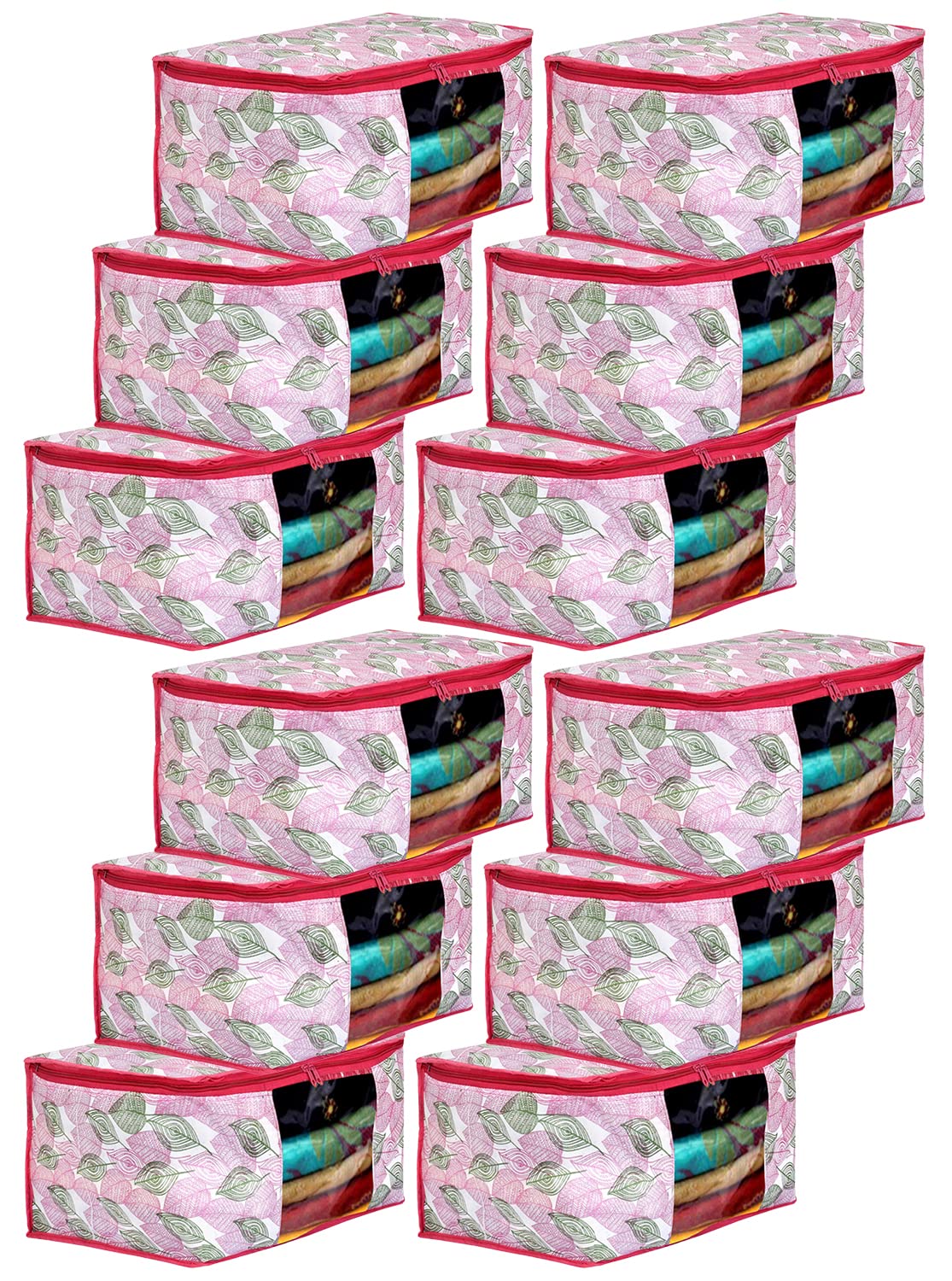 Heart Home Leaf Design Non-woven Foldable Saree Cover/Clothes Storage Bag/Wardrobe Organizer With Transparent Window- Pack of 12 (Pink)-44HH0367