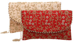 Kuber Industries Handcrafted 2 Pieces Embroidered Party Wear Clutch Bag Purse Handbag For Bridal, Casual, Party, Wedding (Red & Peach) - CTKTC034532