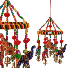 Heart Home Rajasthani Traditional Windchimes|Hanging Ring Elephant with Bells|Polyester Handcrafted Latkan|Decorative Door Hanging Latkan (Multicolor)