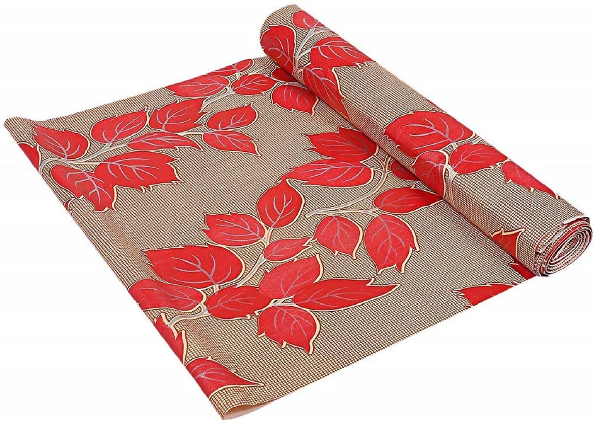 Kuber Industries Leaf Design PVC Wardrobe Kitchen Drawer Cupboard Cabinet Shelf Mat, Shelf Liner 5 Mtr (Red) - CTKTC040180, standard