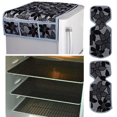Kuber Industries Floral Design Combo PVC 3 Pieces Fridge Mats, 2 Piece Handle Cover and 1 Piece Fridge Top Cover(Black)