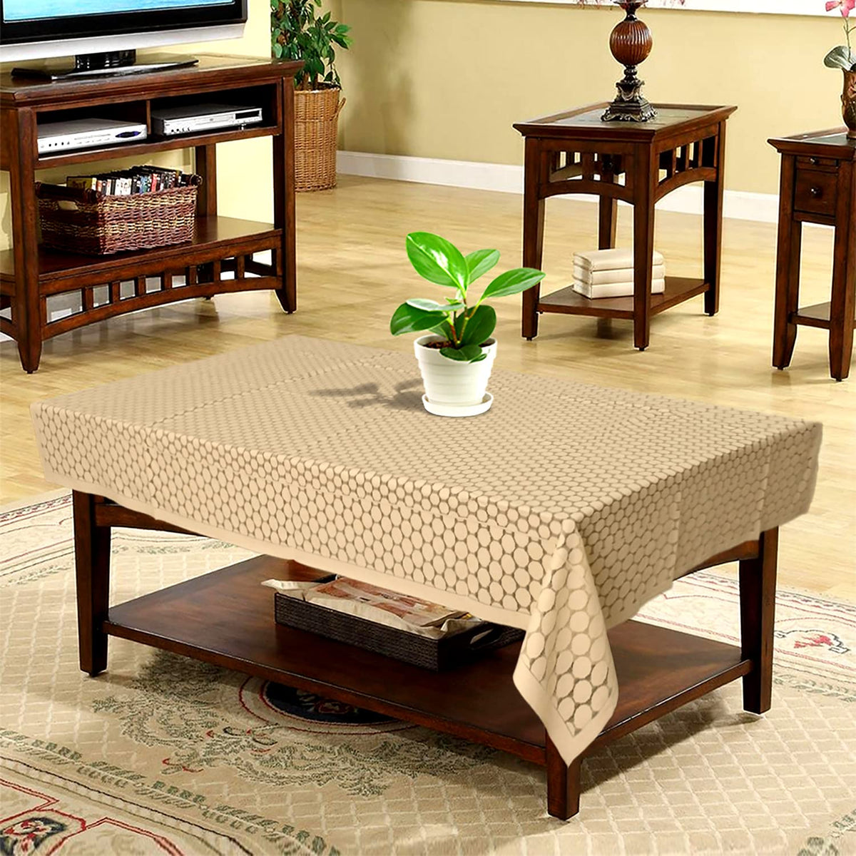 Heart Home Coin Printed Cotton 4 Seater Center Table Cover,40"x60" (Sand)-44HH073