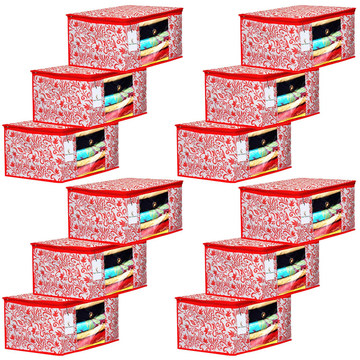 Kuber Industries Leaf Design 12 Piece Non Woven Fabric Saree Cover Set with Transparent Window, Extra Large, Red-CTKTC31919