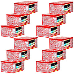 Kuber Industries Leaf Design 3 Piece Non Woven Fabric Saree Cover Set with Transparent Window, Extra Large, Red- CTKTC031916