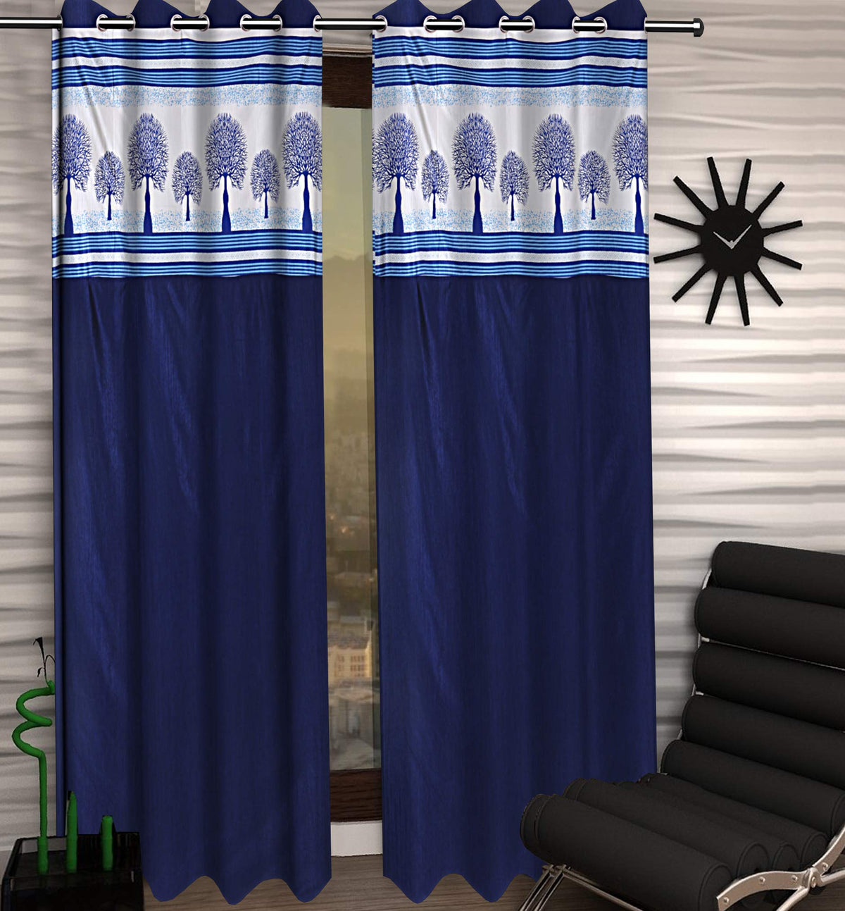 Kuber Industries Tree Design 2 Pieces Polyester Eyelet Door Curtain 7 Feet (Blue)-CTKTC14215