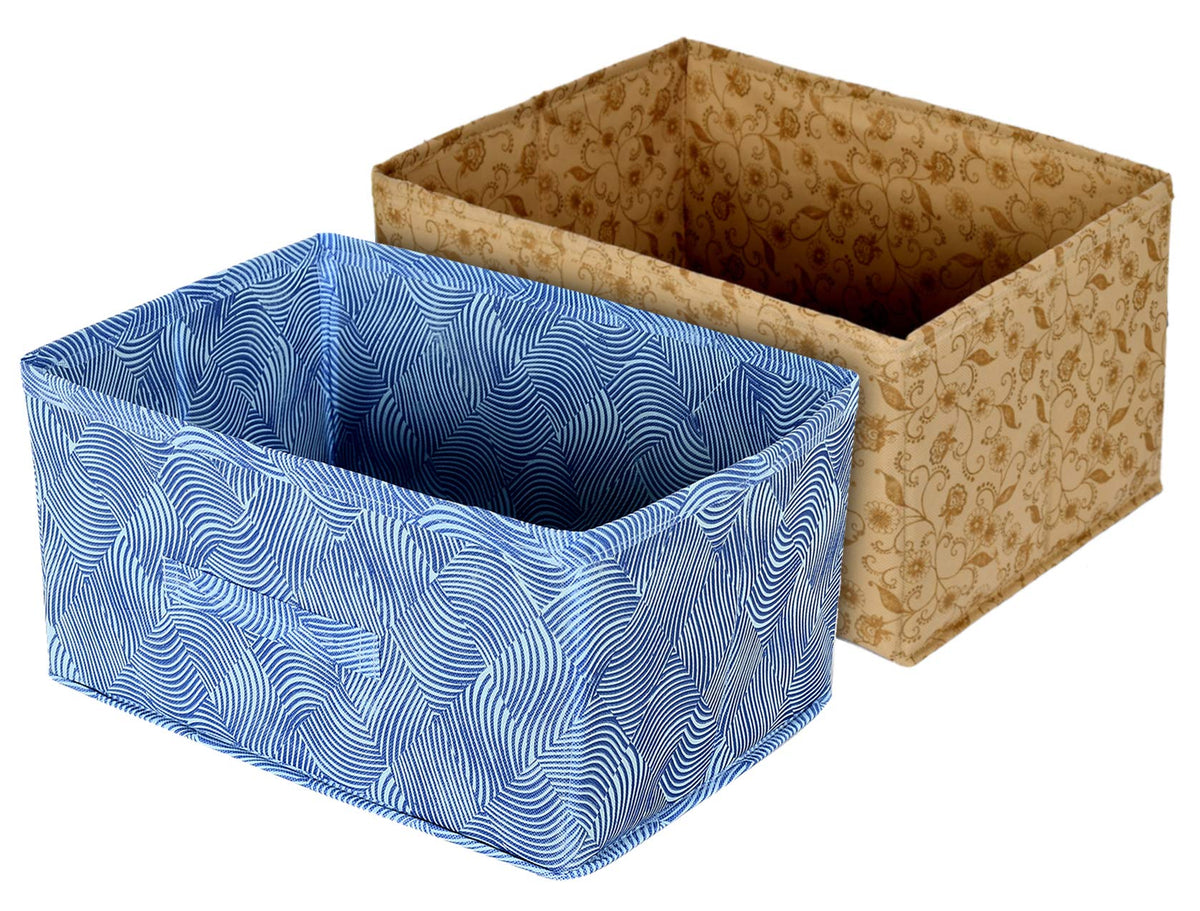 Kuber Industries Laheriya Metalic Print Flodable Storage Box For Toys|Storage Box For Clothes|Drawer Storage and Cloth Organizer|Closet Organizer For Wardrobe (Blue & Beige)