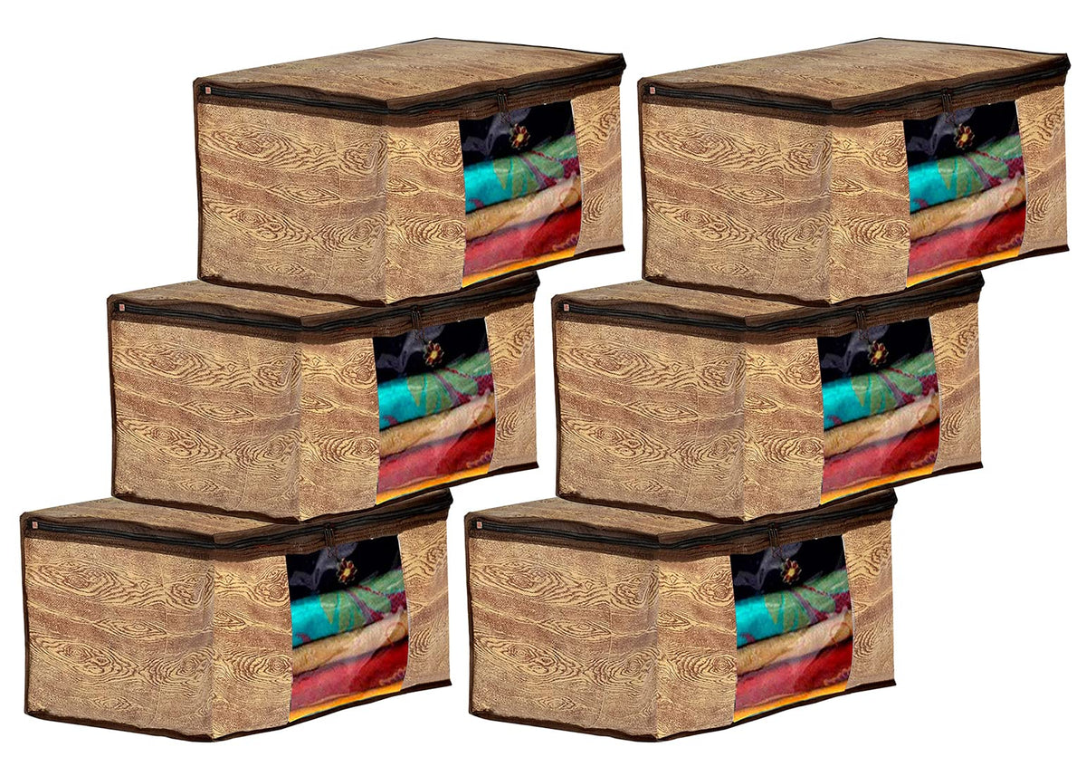 Heart Home Wooden Design Non-Woven Foldable Saree Cover/Clothes Storage Bag/Wardrobe Organizer With Transparent Window- Pack of 6 (Brown)-44HH0387