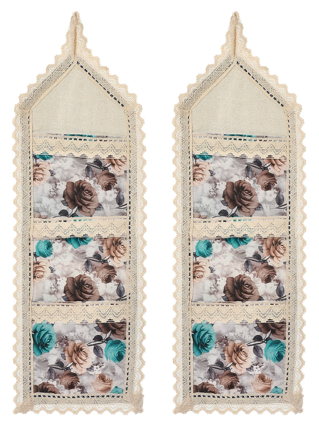 Kuber Industries Flower Printed Multiuses 3 Pockets Wall Hanging Storage Organizer/Holder For Home- Pack of 2 (Cream & Brown)-50KM01173