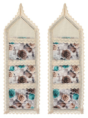 Heart Home Flower Printed Multiuses 3 Pockets Wall Hanging Storage Organizer/Holder for Home- Pack of 2 (Cream & Brown)-50HH01173