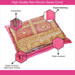 Homestic Foldable Single saree covers with Zip|Saree Storage Bags|Clothes Organiser for wardrobe Set of 12|Transparent Top With Premium Zipper|Pink