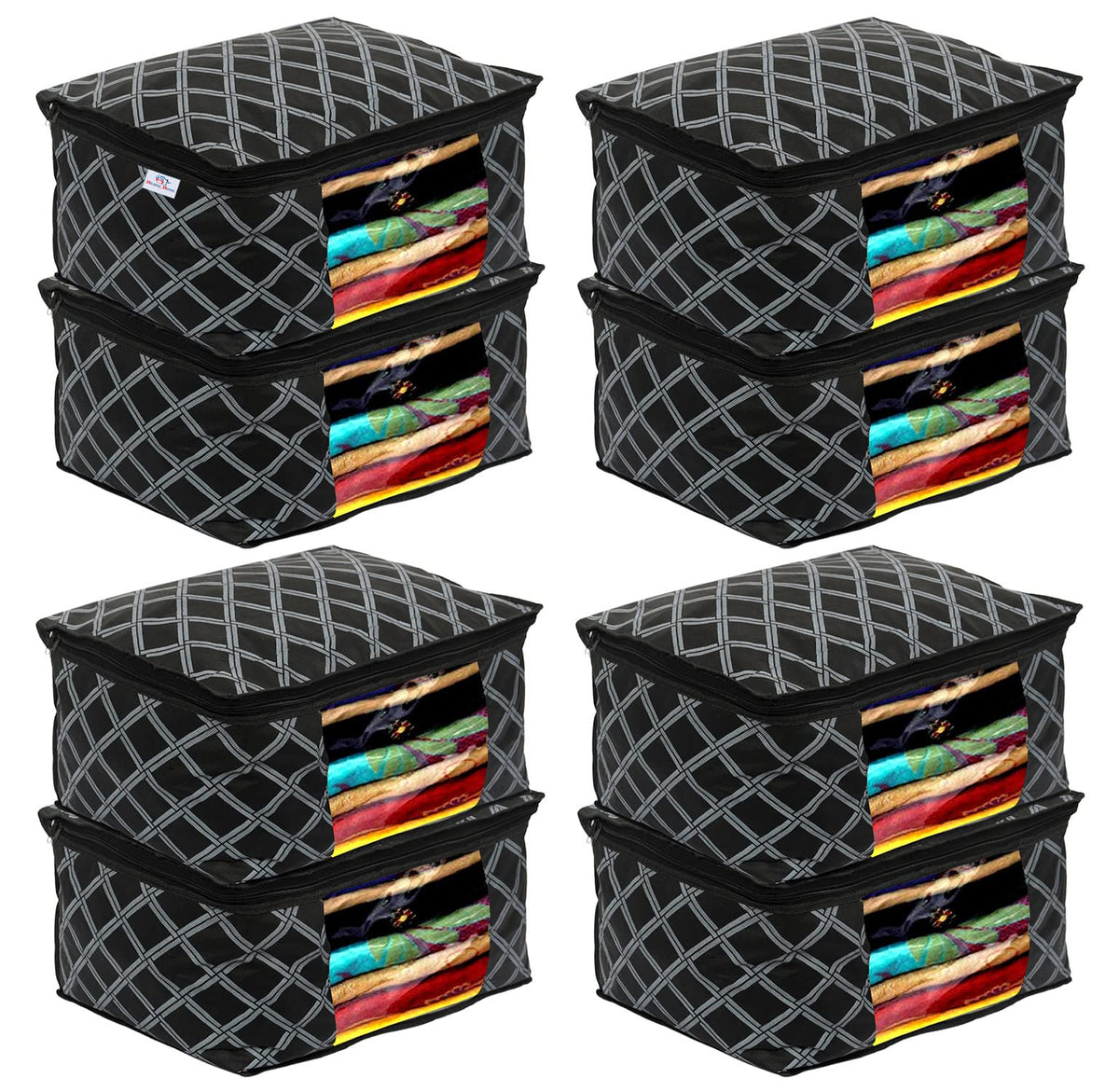 Heart Home Check Print Non-Woven Foldable Saree Cover|Clothes Storage For Saree, Lehenga, Suit With Top Transparent Pack of 8 (Black)