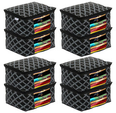 Heart Home Check Print Non-Woven Foldable Saree Cover|Clothes Storage For Saree, Lehenga, Suit With Top Transparent Pack of 8 (Black)